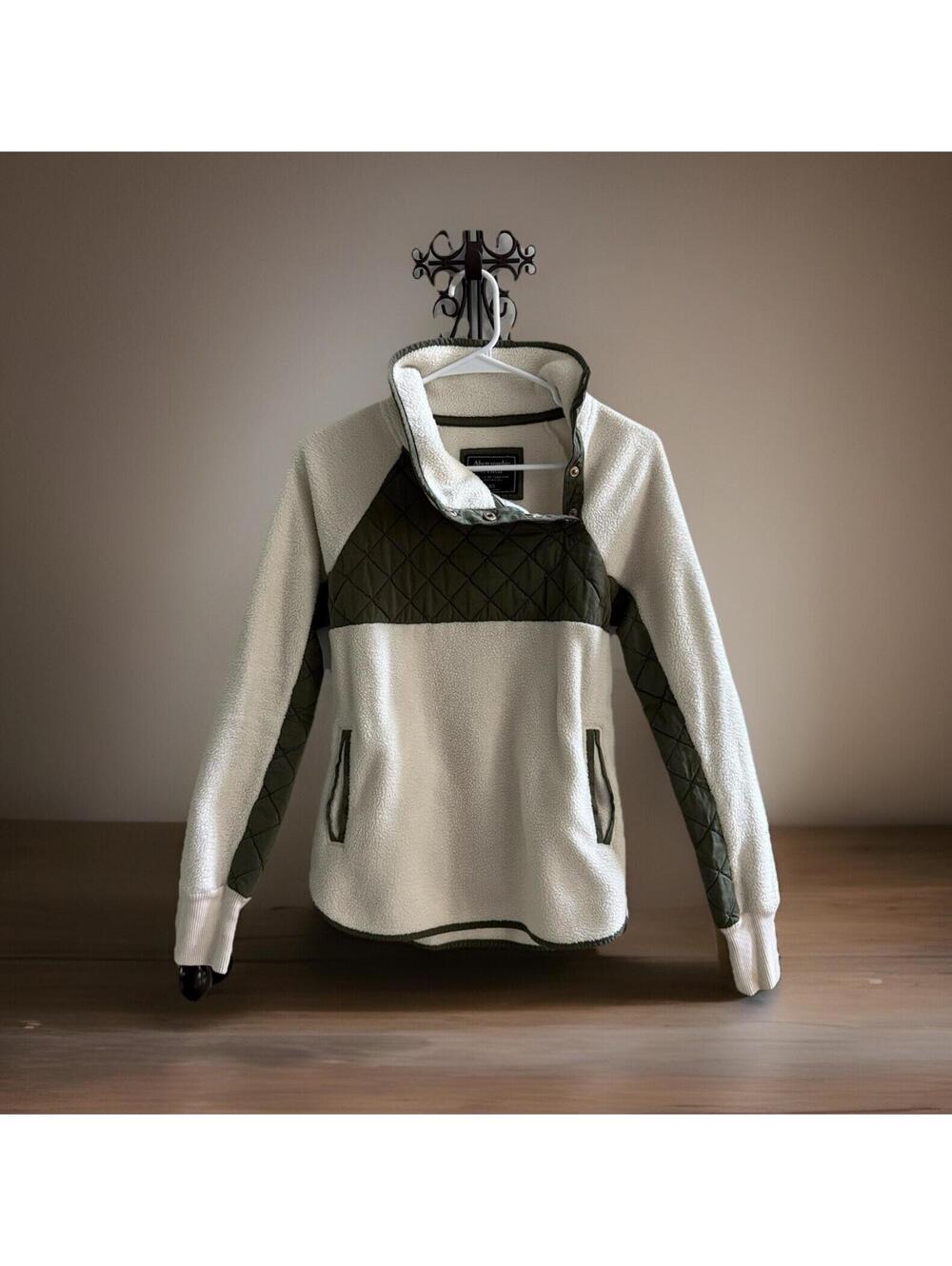 Abercrombie & Fitch Sherpa Fleece Pullover Jacket Cream Olive XS